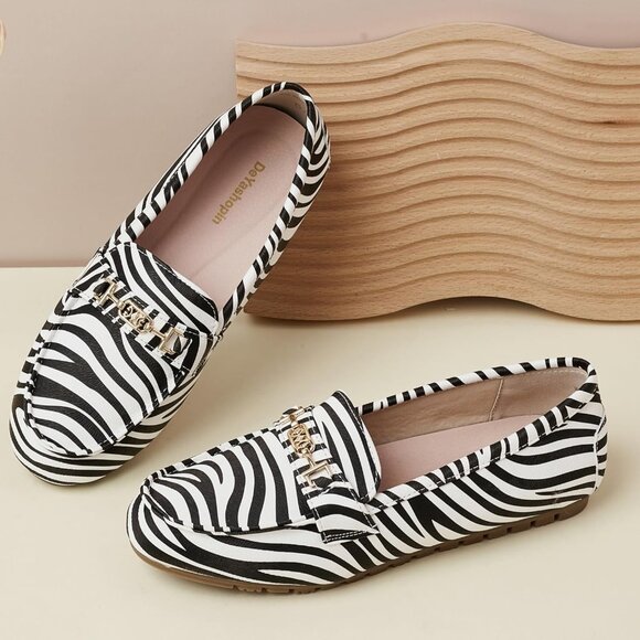 Women Zebra Polyurethane Accent Buckle Leisure Slip On Walking Flats Shoes - Picture 5 of 9